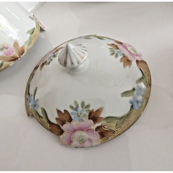 Vintage Hand Paint Gold Gilded Nippon Japan Lidded Bowl Rising Sun Mark 1920's - Picture 8 of 12